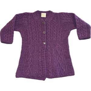 Kilronan Knitwear Purple Cardigan Pure Merino Wool Cable Knit Women's Small